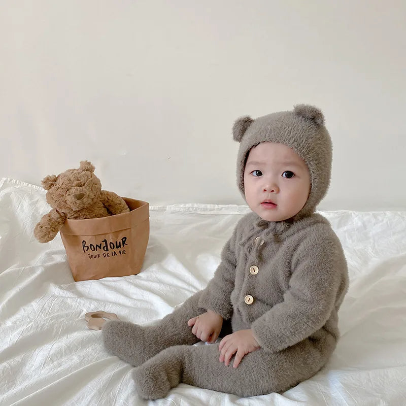 Plush Bear Hooded Romper for Baby – Soft Fleece Bodysuit Onesie for Infant Boys & Girls