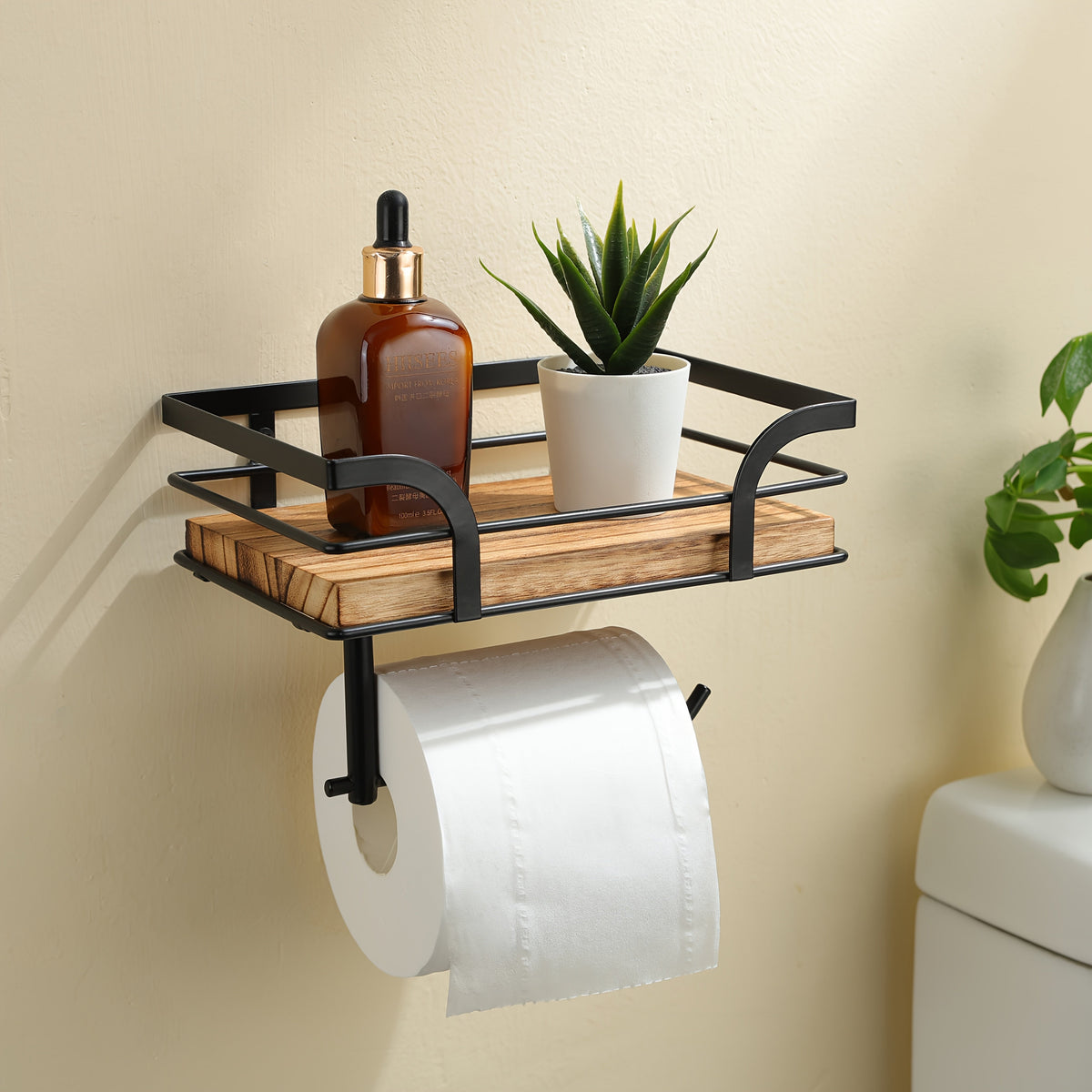 Metal & Wood Bathroom Tissue Dispenser Shelf 7.9 Inches Wall Mount Organizer Powder Room Storage Rack Home Essentials Holder for Small Space | Thomler