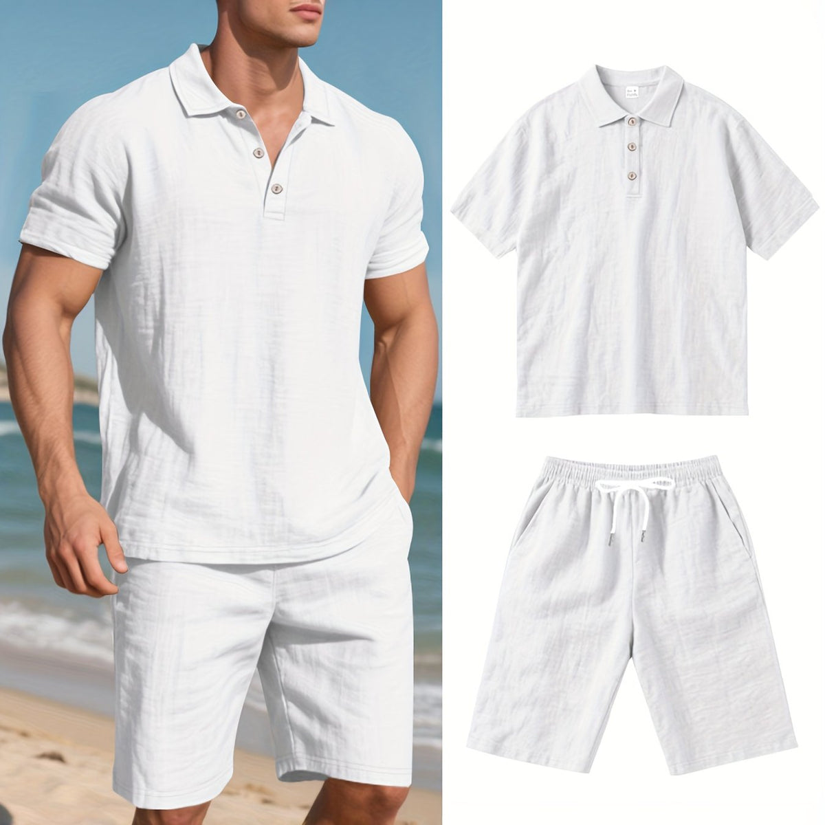 Herren-Set aus kurzärmligem Polohemd und Shorts aus Leinen, sommerliches Zweiteiler-Outfit, leicht und atmungsaktiv, Freizeitkleidung für warmes Wetter