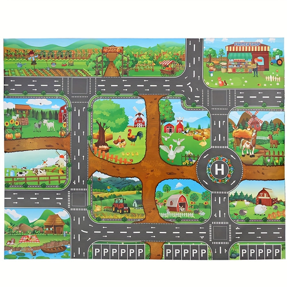 Spielteppich für Kinder 99 x 130 cm gewebt rutschfest Bauernhof-Straßen-Design für Spielzimmer Schlafzimmer Kinderzimmer interaktiver Teppich | Thomler