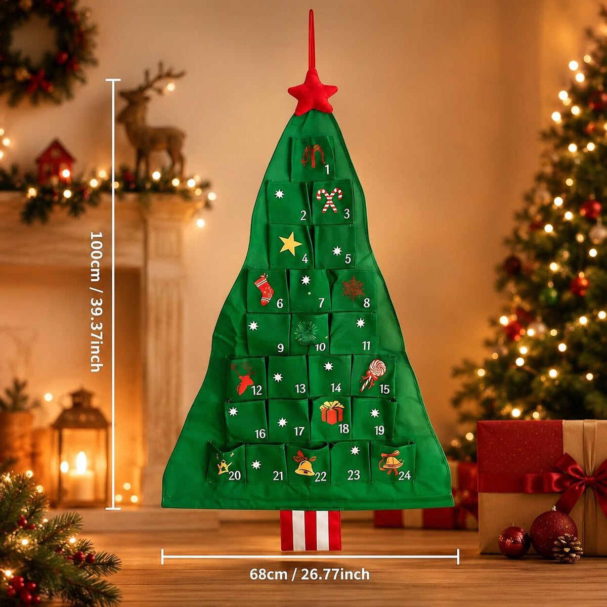 Fill-Your-Own Countdown Calendar with 24 Pockets – Reusable Tree Design for Daily Holiday Surprises, Gifts & Treats