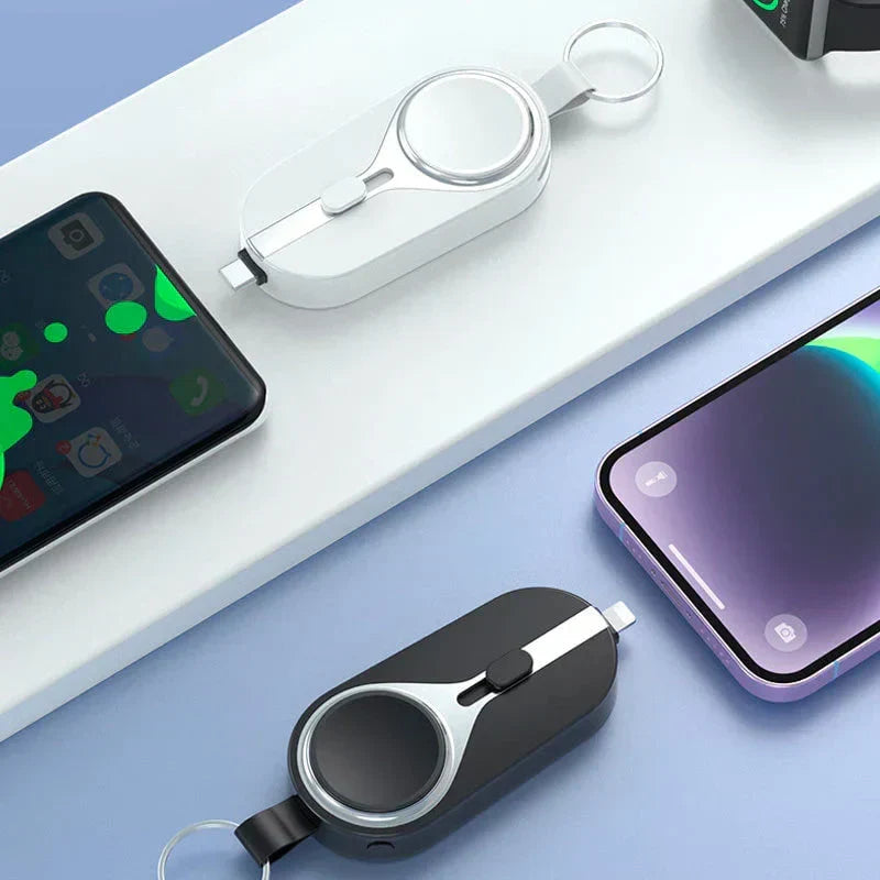 Power bank portátil de clip con base de carga inalámbrica para teléfonos inteligentes y relojes inteligentes, batería ligera tipo llavero con mosquetón en | Thomler