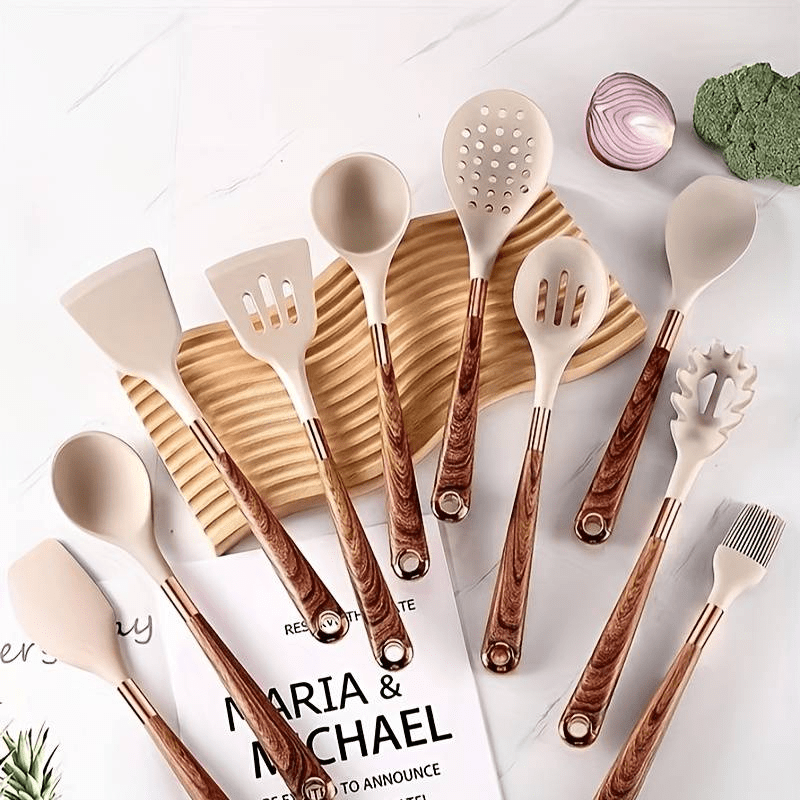 Cooking Utensil Set 10-Piece Heat Resistant Silicone Tools Non-Stick Safe Ergonomic Wood Grain Handles for Baking Serving Everyday Kitchen U | Thomler