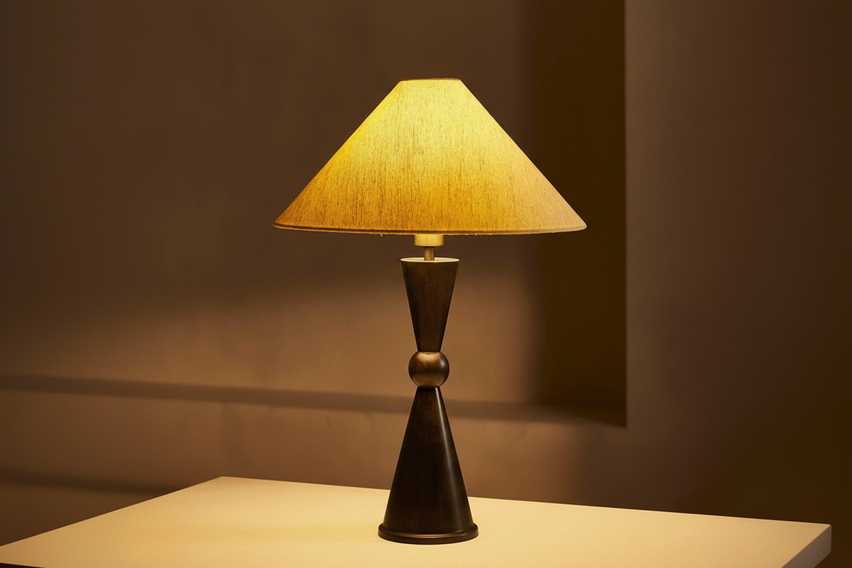 Bronze Iron Accent Lamp with Natural Linen Shade – 21.7 in Height for Nightstands, Console Tables & Entryways – Sculptural Base Design | Thomler