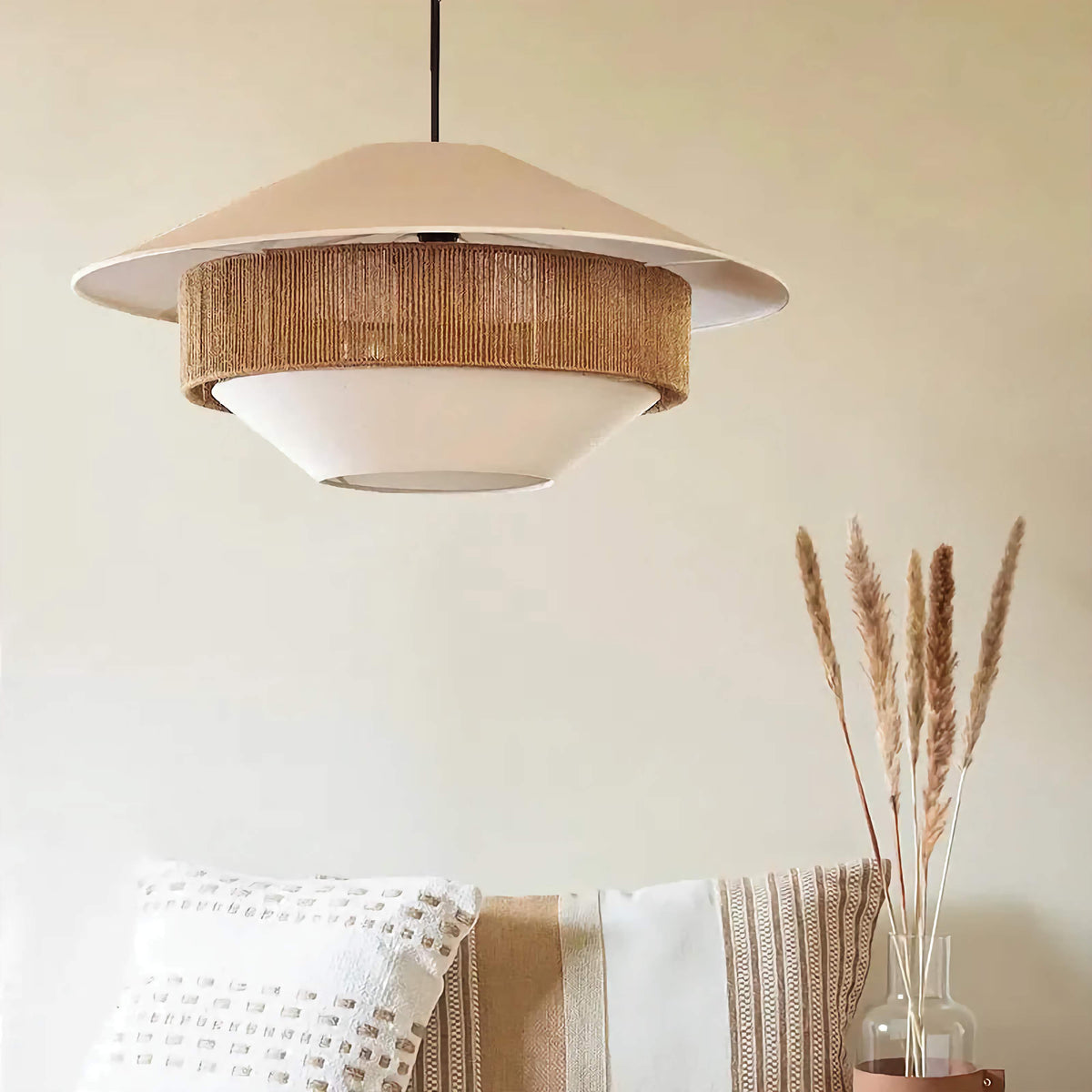 Gevlochten hanglamp in rotanstijl, bruin katoen, 50 cm, eetkamer, slaapkamer, zachte gloed, plafondlamp, Japandi, minimalistisch, woonkamer, natuurlijke vezel, Ce | Thomler