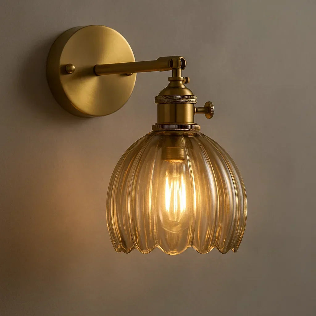 Tulip Glass Sconce with Brass Arm 7 in Floral Shade E27 Socket Bedside Hallway Ambient Light Vintage Decorative Fixture for Bedroom Living R | Thomler