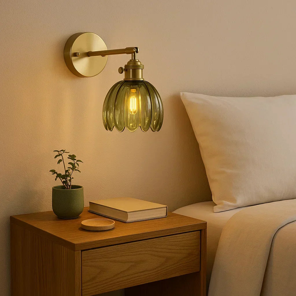 Tulip Glass Sconce with Brass Arm 7 in Floral Shade E27 Socket Bedside Hallway Ambient Light Vintage Decorative Fixture for Bedroom Living R | Thomler