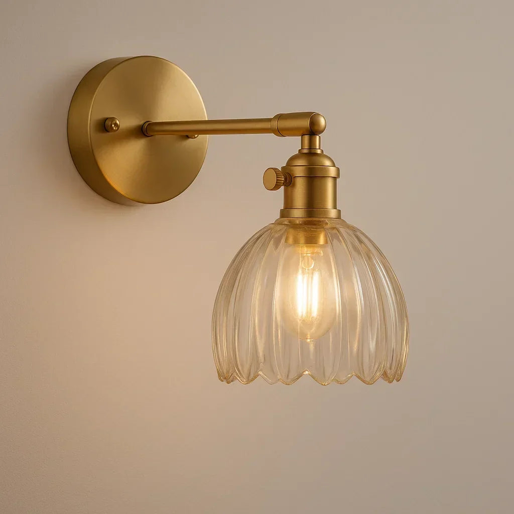 Tulip Glass Sconce with Brass Arm 7 in Floral Shade E27 Socket Bedside Hallway Ambient Light Vintage Decorative Fixture for Bedroom Living R | Thomler