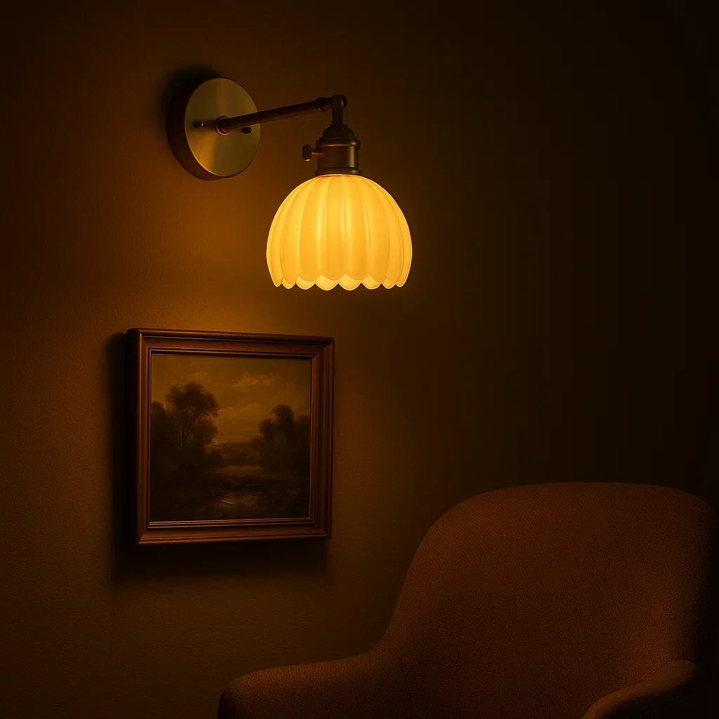 Tulip Glass Sconce with Brass Arm 7 in Floral Shade E27 Socket Bedside Hallway Ambient Light Vintage Decorative Fixture for Bedroom Living R | Thomler