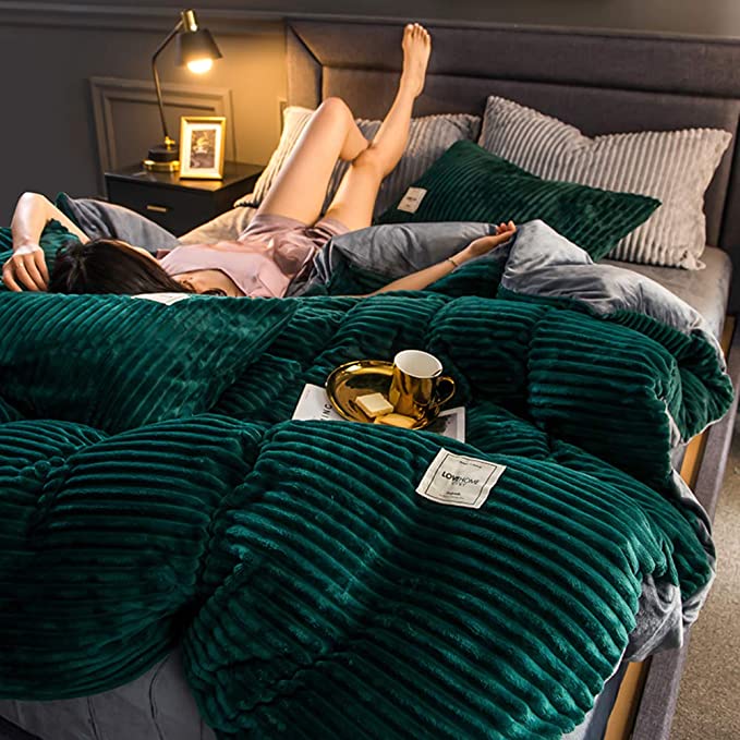 Plüsch-Fleece-Bettbezug Queen/King Grün geripptes strukturiertes Bettwäsche-Set, winterwarm, thermisch isolierender Bettbezug für kalte Nächte Bedro | Thomler