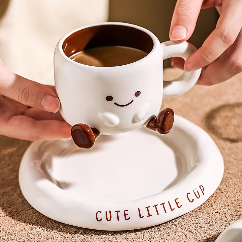 Ceramic Mug and Saucer Set 8.5 oz White with Hand-Painted Smile for Coffee Tea Latte Hot Chocolate Kitchen Gift for Coffee Lovers | Thomler