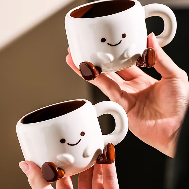 Ceramic Mug and Saucer Set 8.5 oz White with Hand-Painted Smile for Coffee Tea Latte Hot Chocolate Kitchen Gift for Coffee Lovers | Thomler