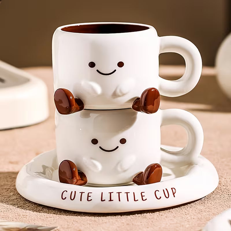 Ceramic Mug and Saucer Set 8.5 oz White with Hand-Painted Smile for Coffee Tea Latte Hot Chocolate Kitchen Gift for Coffee Lovers | Thomler