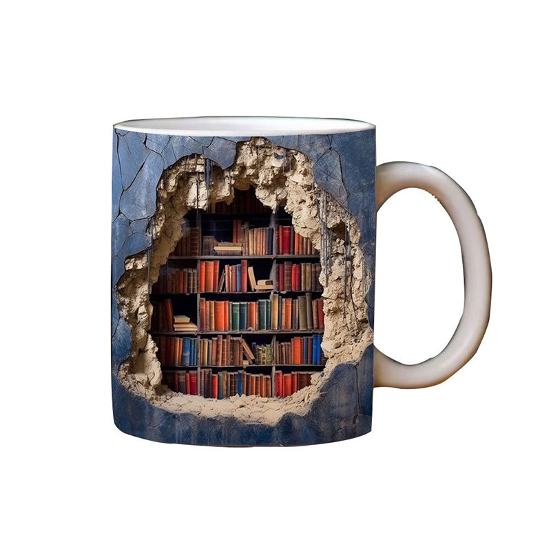 Ceramic Mug with 3D Bookshelf Wrap Design for Coffee Tea Hot Drinks Book Lovers Library Kitchen Microwave Dishwasher Safe Literary Gift | Thomler
