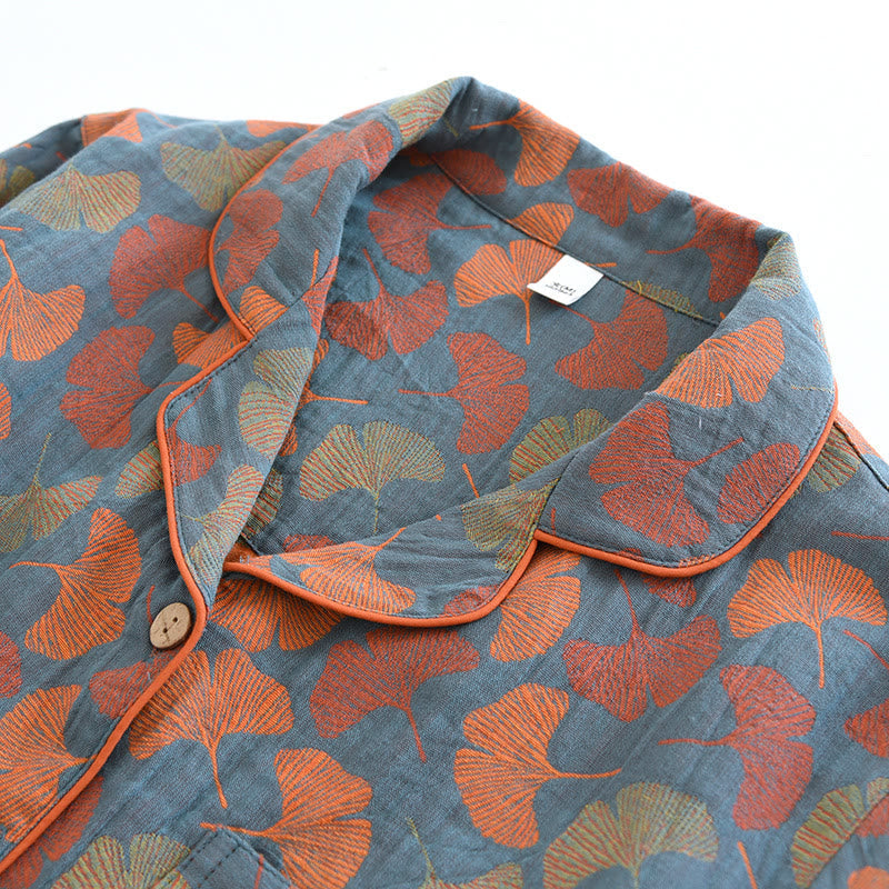 Dames pyjamaset van katoen met knoopsluiting – Nachtkleding met ginkgo-bladerenprint, bestaande uit top & broek voor ontspanning & slaap