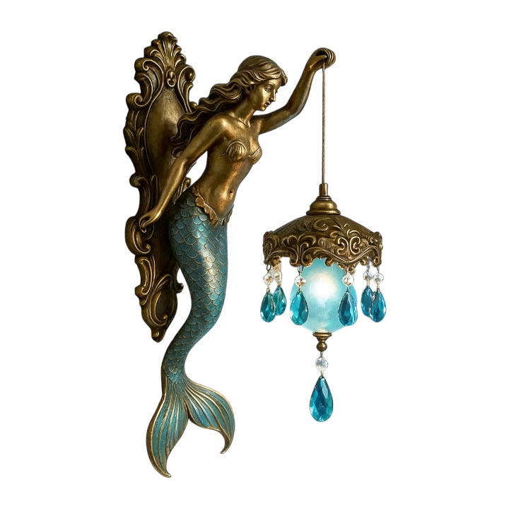 Aplique de pared escultural de sirena con gotas de cristal colgantes y pantalla de vidrio para dormitorios, salas de estar y pasillos | Thomler