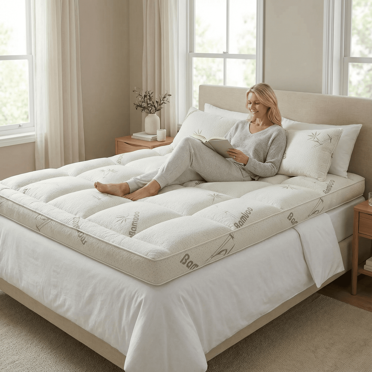 2-Inch Breathable Bamboo Mattress Pad Overlay for Cooling Comfort | Hypoallergenic Bed Cover for Hot Sleepers | Twin Full Queen King | Thomler