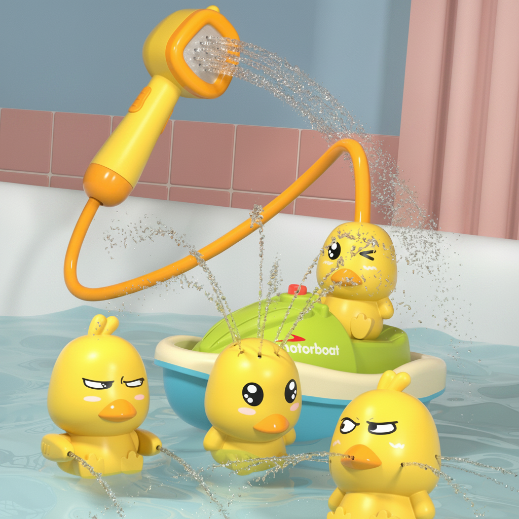 Motorisiertes Badespielzeug-Set mit wassersprühenden Enten und schwimmendem Boot für Kleinkinder