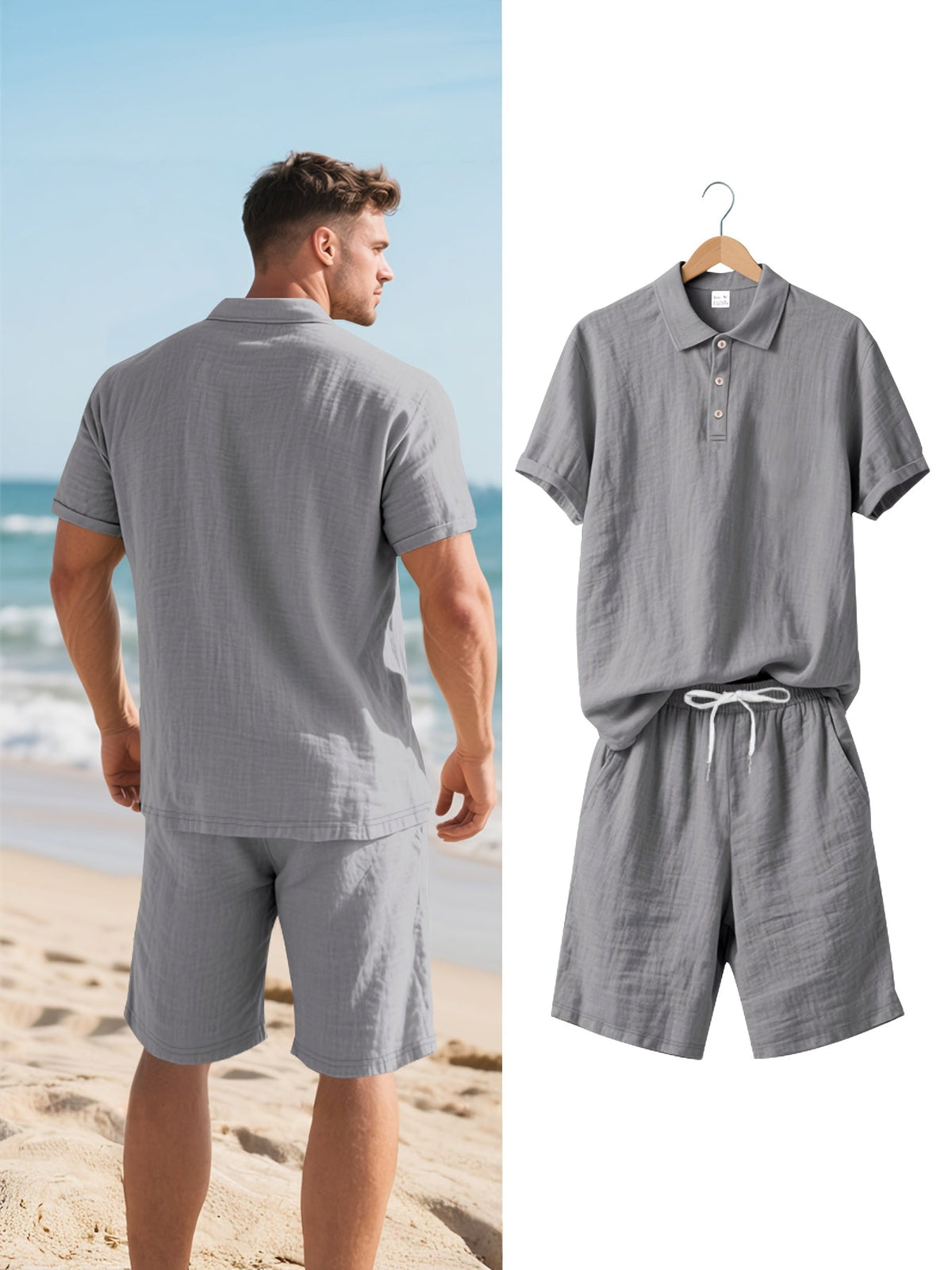 Herren-Set aus kurzärmligem Polohemd und Shorts aus Leinen, sommerliches Zweiteiler-Outfit, leicht und atmungsaktiv, Freizeitkleidung für warmes Wetter