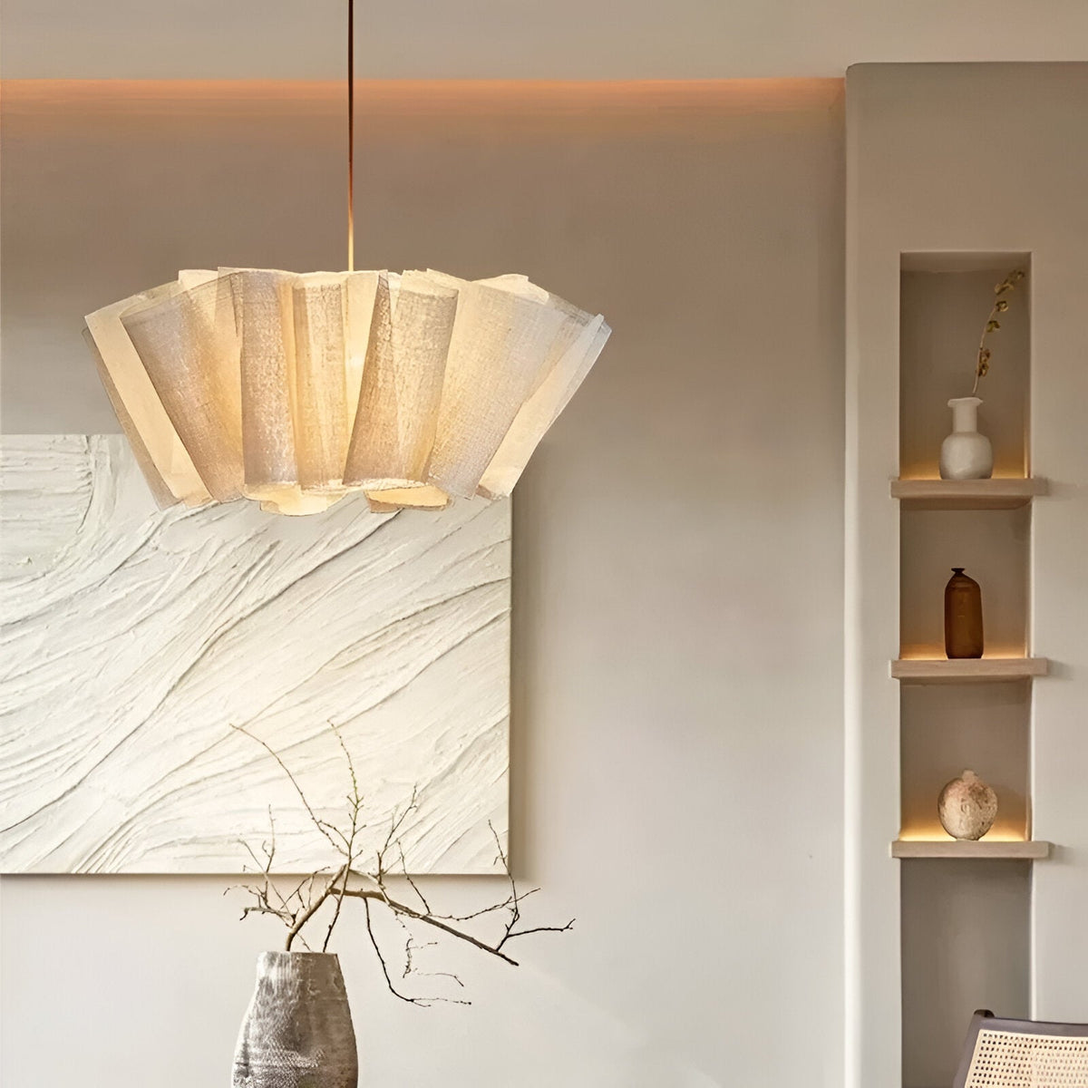 Geplooide stoffen hanglamp voor aan het plafond 40 cm Warm Crème voor eetkamer keukeneiland Scandinavisch Japans modern minimalistisch sfeervol licht | Thomler