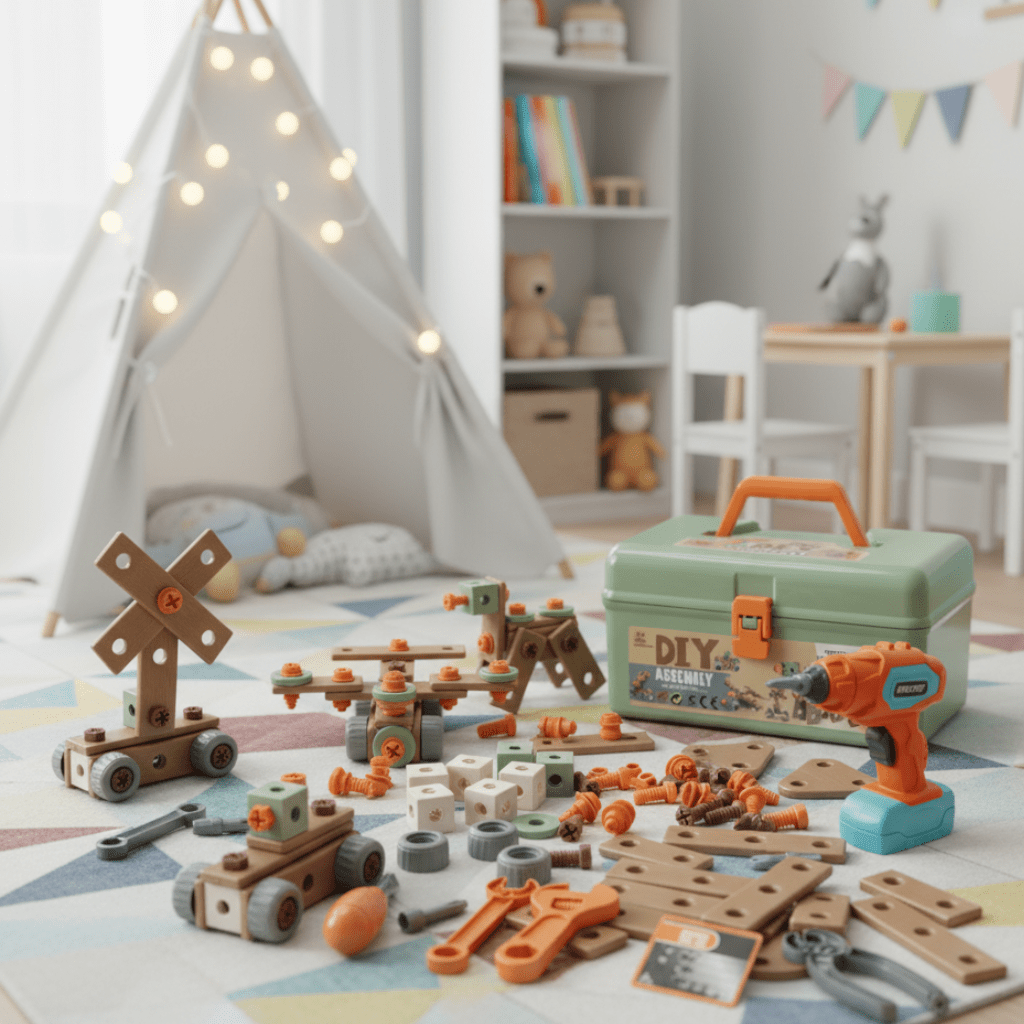 Kinder-Konstruktionsspielzeug-Werkstatt mit realistischen Elektrowerkzeugen, 198-teiliges STEM-Bauset, ABS-Kunststoff, Spielzeug-Bohrmaschine und Schraubendreher für Jungen | Thomler