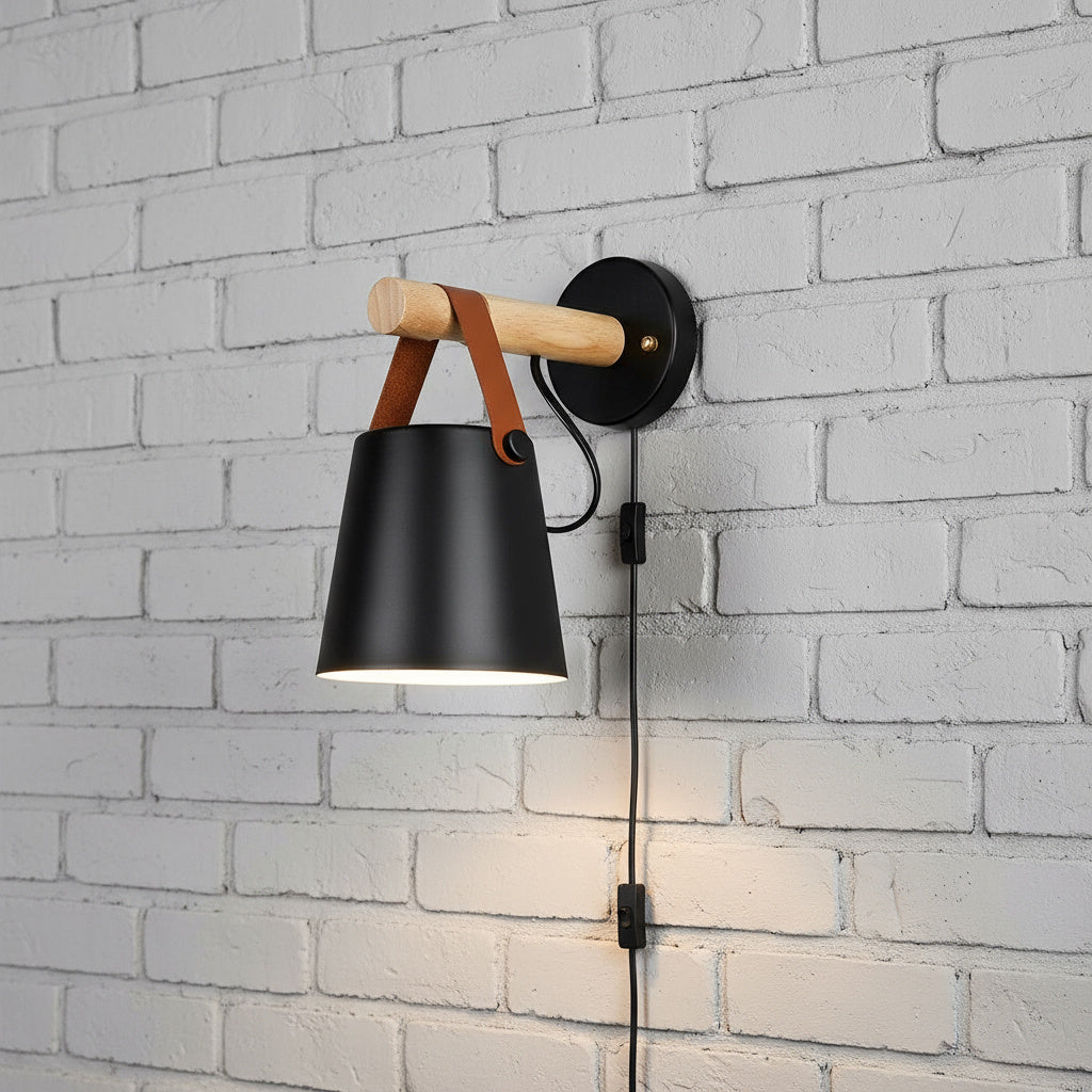 Houten wandlamp minimalistische slaapkamerverlichting zwart wit bedraad of met stekker sfeerverlichting modern Scandinavische stijl woondecoratie | Thomler