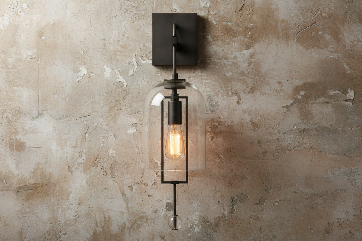 Elongated Glass Bell Sconce with Suspended Copper Frame 23 in Tall for Bedrooms Hallways Living Rooms Modern Vertical Wall Lighting Fixture | Thomler
