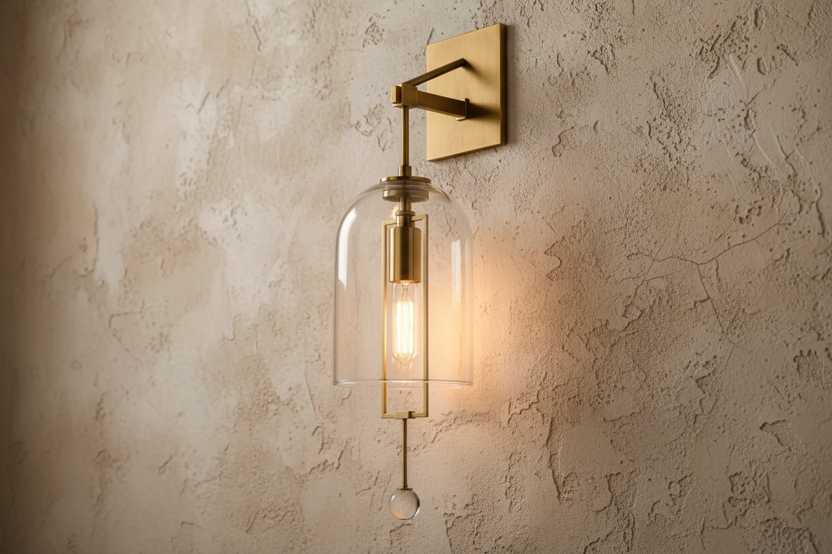 Elongated Glass Bell Sconce with Suspended Copper Frame 23 in Tall for Bedrooms Hallways Living Rooms Modern Vertical Wall Lighting Fixture | Thomler
