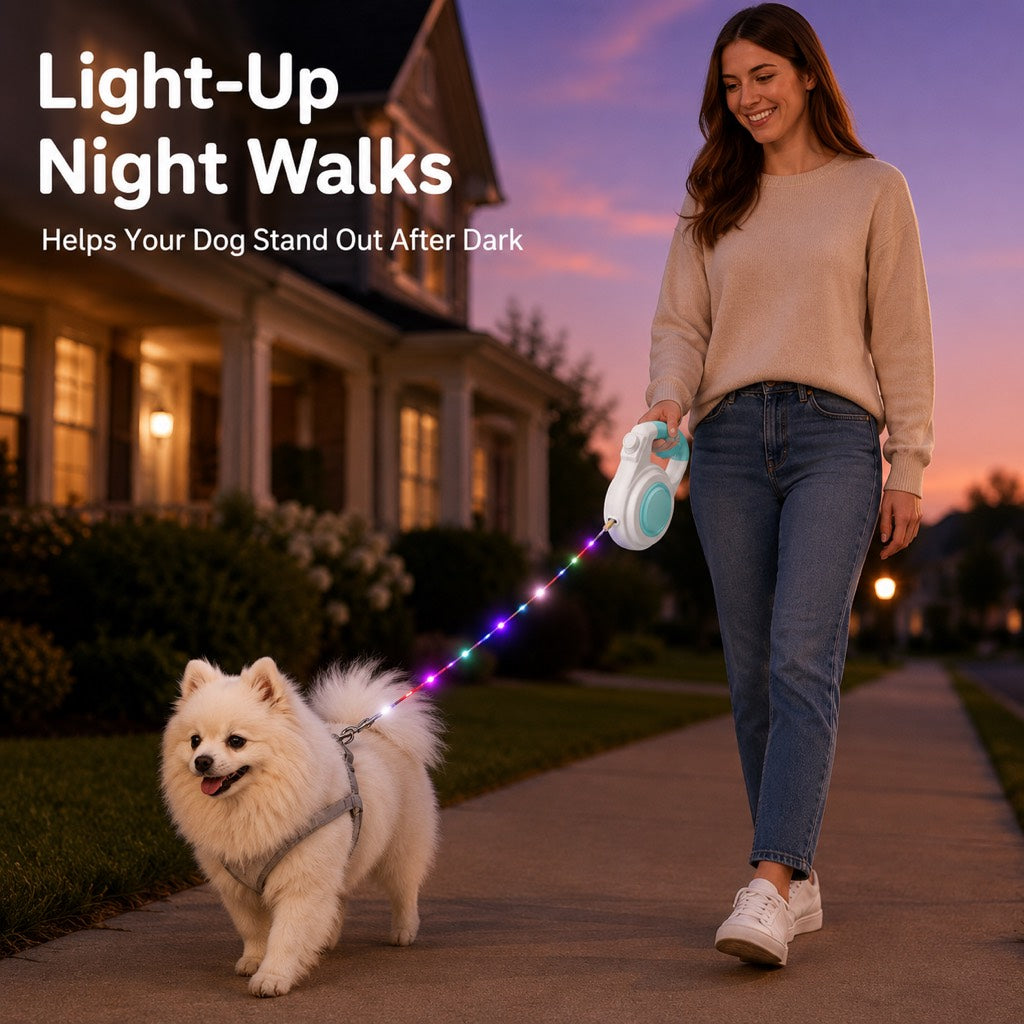 Correa retráctil recargable con luz para paseos nocturnos – Ayuda a que los perros pequeños permanezcan visibles y sean fáciles de controlar