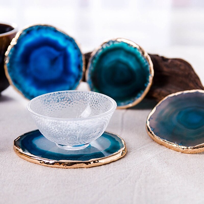 Natural Stone Drink Coasters Gold Rim Blue Geode Slice 3.5 Inch Set Decorative Protection for Coffee Table Kitchen Dining Room Home | Thomler