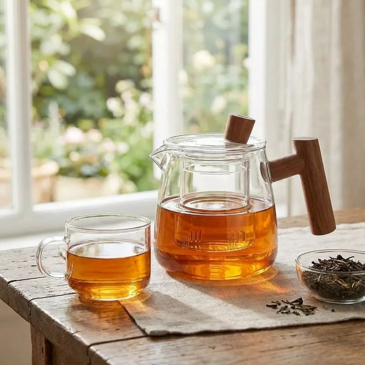 Borosilicate Glass Teapot With Infuser And Wooden Handle For Loose Leaf Tea