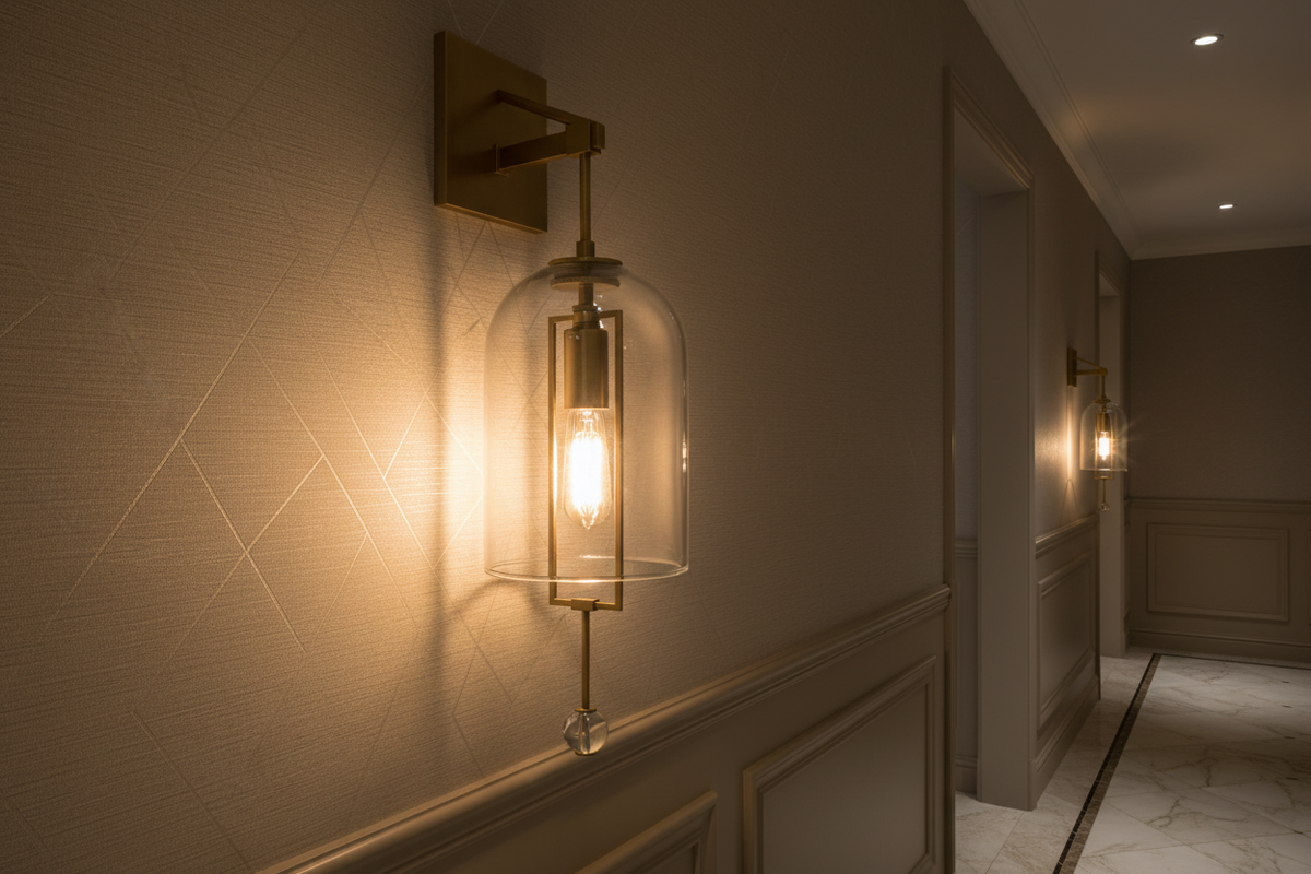 Glass Bell Sconce 23 Inch Tall Clear Shade Copper Metal Frame Wall Light for Bedroom Hallway Modern Ambient Lighting Fixture for Entryway Li | Thomler