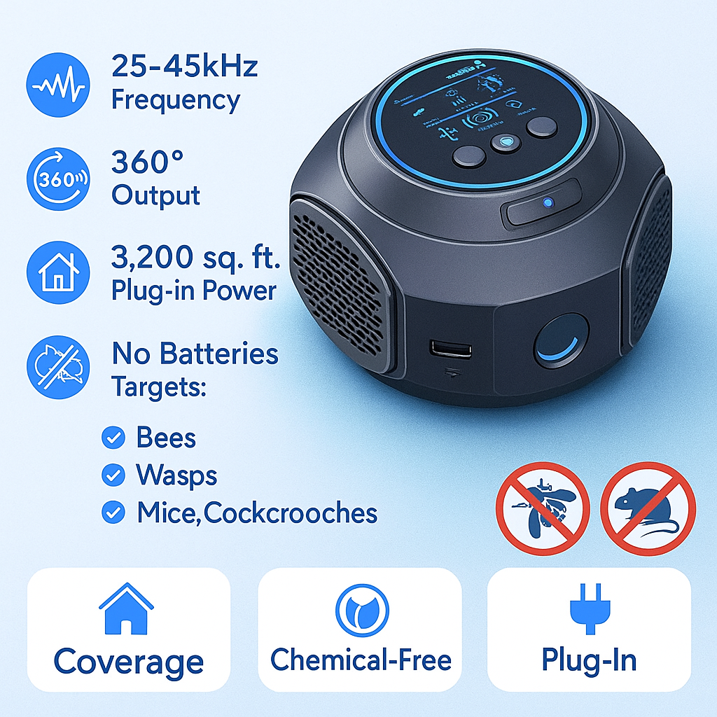 360-Degree Ultrasonic Insect Repeller for Patios, Decks & Outdoor Spaces – Chemical-Free Flying Bug Control for Yards & Porches