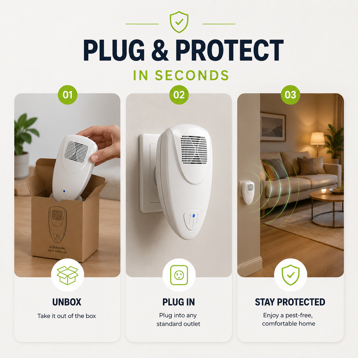 Plug-In Ultrasonic Pest Deterrent Device for Bedrooms & Living Rooms – Silent Electronic Indoor Insect Repellent for Homes, Apartments, Hote