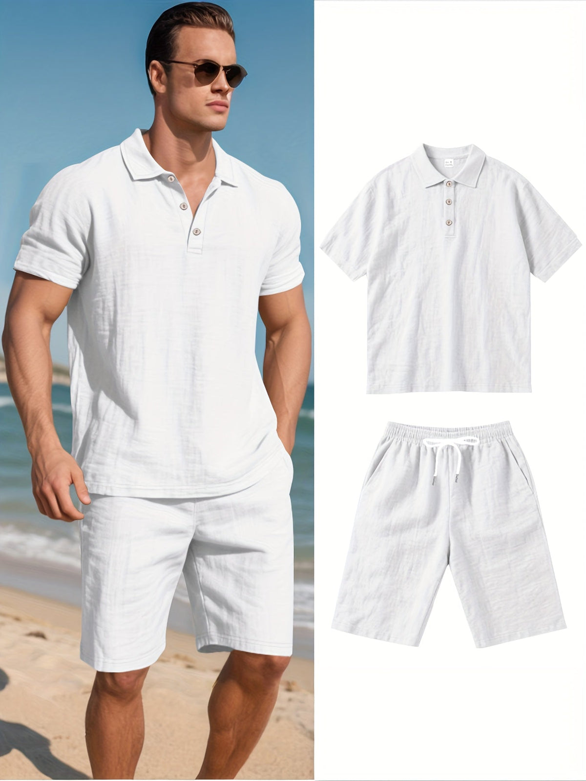 Herren-Set aus kurzärmligem Polohemd und Shorts aus Leinen, sommerliches Zweiteiler-Outfit, leicht und atmungsaktiv, Freizeitkleidung für warmes Wetter