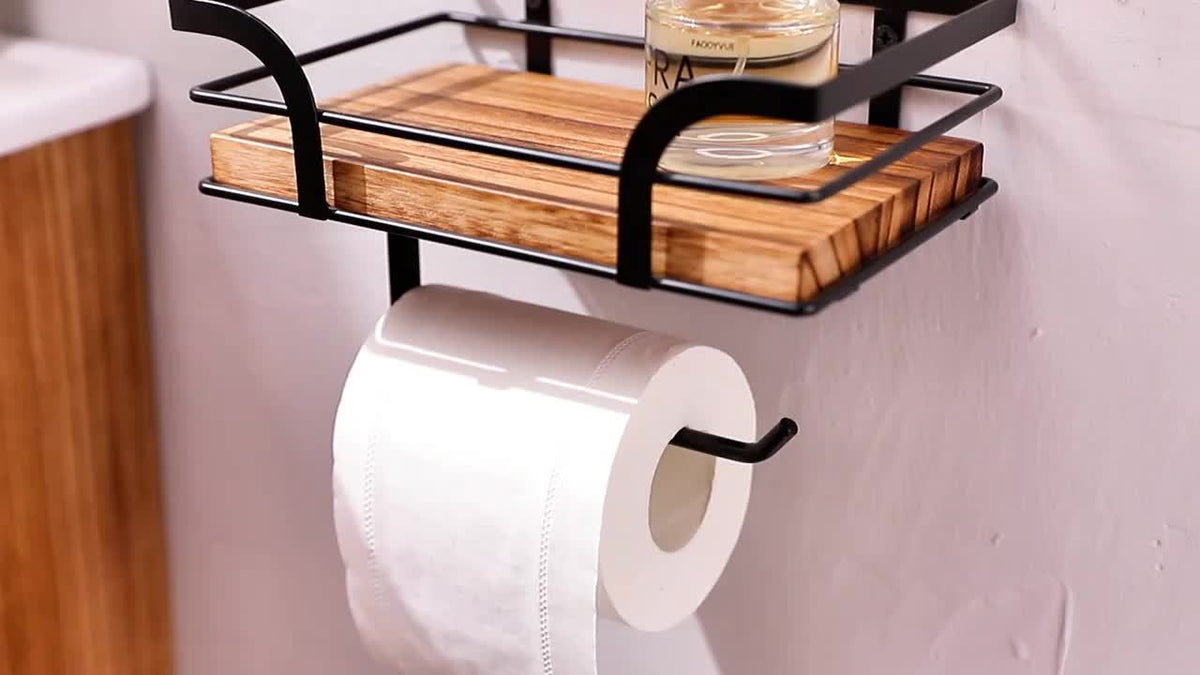 Metal & Wood Bathroom Tissue Dispenser Shelf 7.9 Inches Wall Mount Organizer Powder Room Storage Rack Home Essentials Holder for Small Space | Thomler