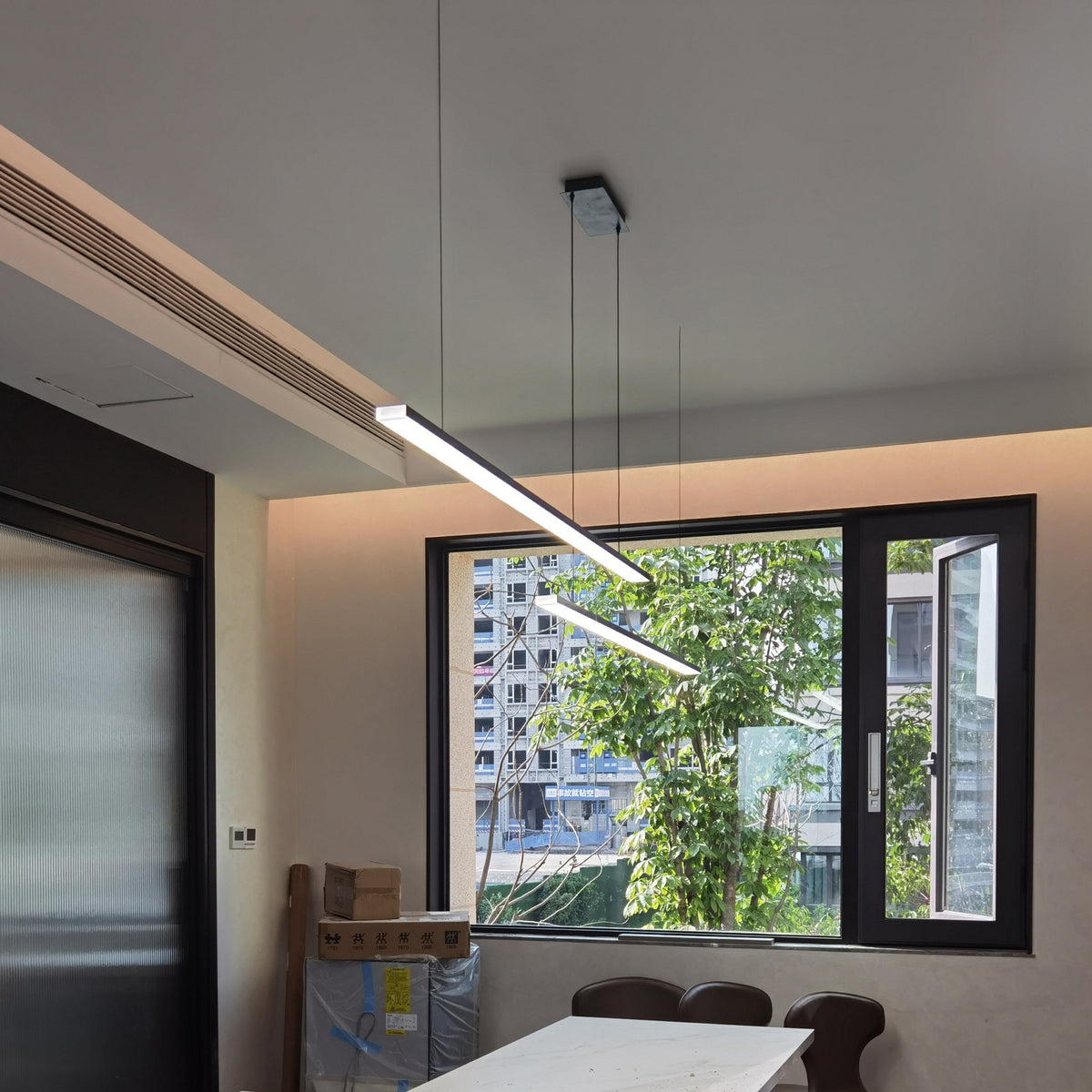 Suspended LED Strip Fixture for Countertop Islands – Dimmable Metal Bar Light with Remote in Matte or Gloss White – 39 to 102 in Adjustable