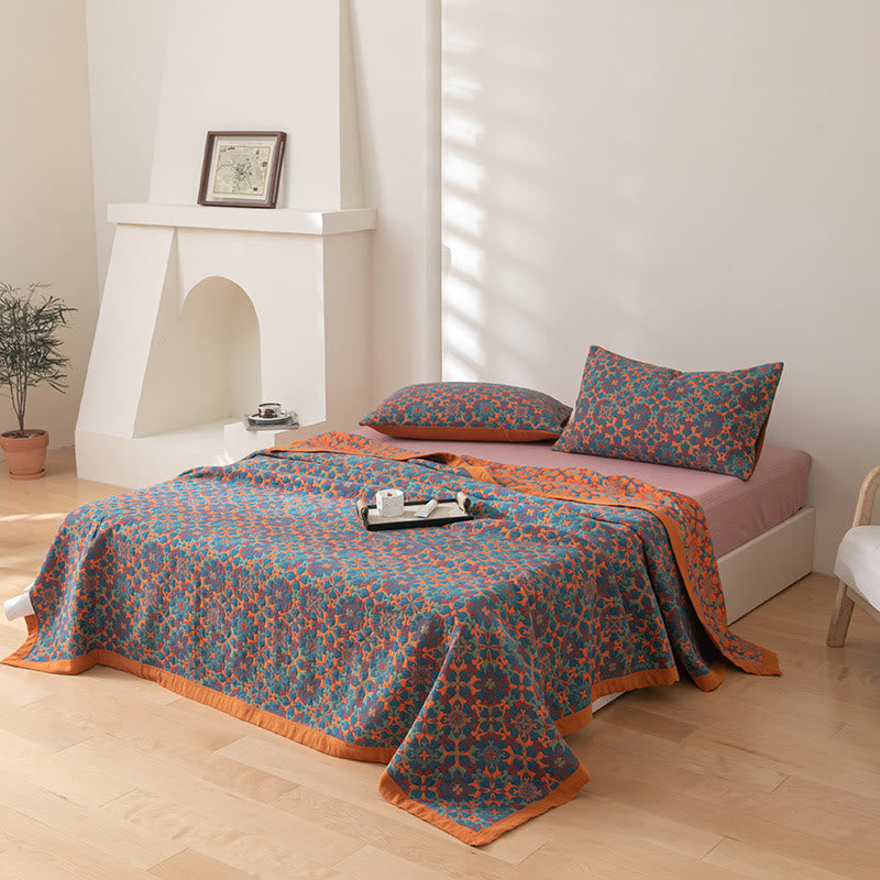 Zeslaags katoenen quilt, omkeerbare lichtgewicht deken, oranje-blauw geometrisch patroon, voor het hele jaar door comfort, slaapkamer, logeerkamer