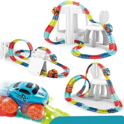 Biegsames Steck-Autorennstrecken-Set mit magnetischen Fahrzeugen für Bau- und Rennspaß im Kinderzimmer