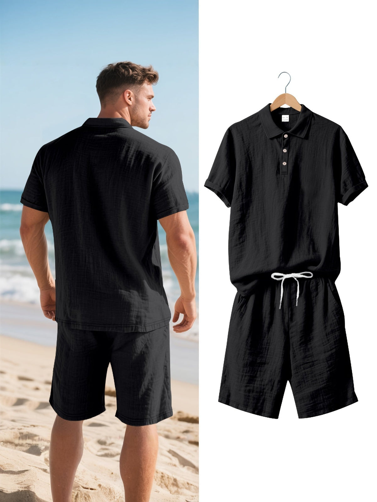 Herren-Set aus kurzärmligem Polohemd und Shorts aus Leinen, sommerliches Zweiteiler-Outfit, leicht und atmungsaktiv, Freizeitkleidung für warmes Wetter