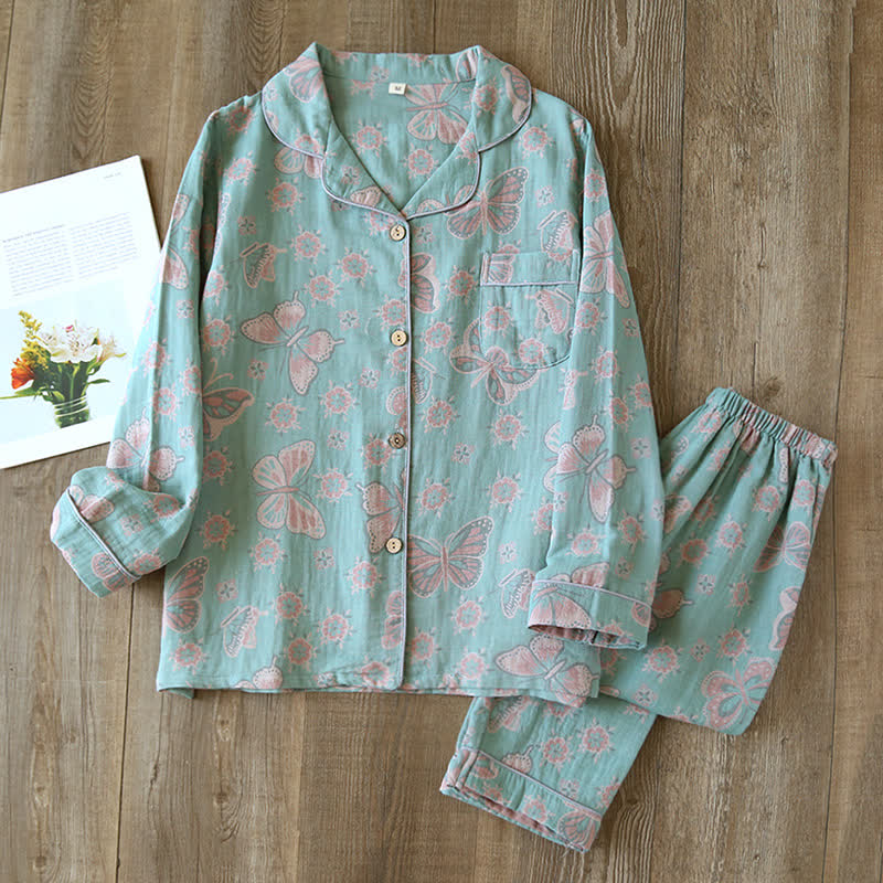 Vintage pyjamaset van katoen met vlinderprint voor dames, tweedelige nachtkleding met korte mouwen voor loungewear in de lente en zomer