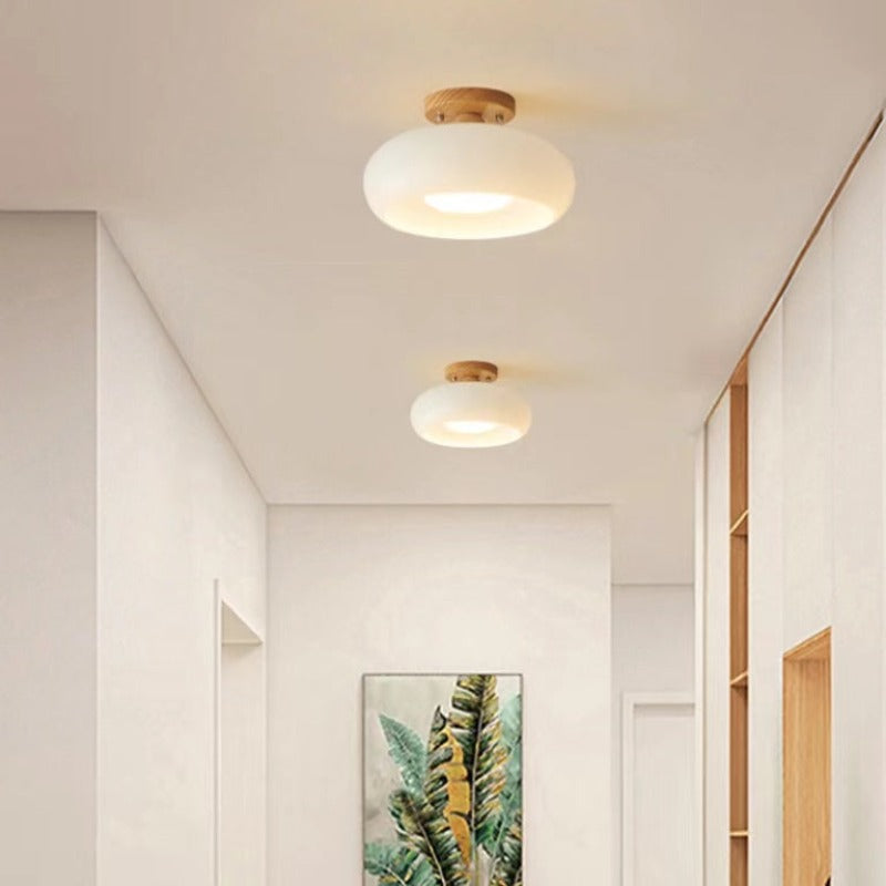 Wood & Glass Flush Mount Light Fixture E27 Socket Natural Finish for Dining Rooms Bedrooms Hallways Scandinavian Japandi Home Decor | Thomler
