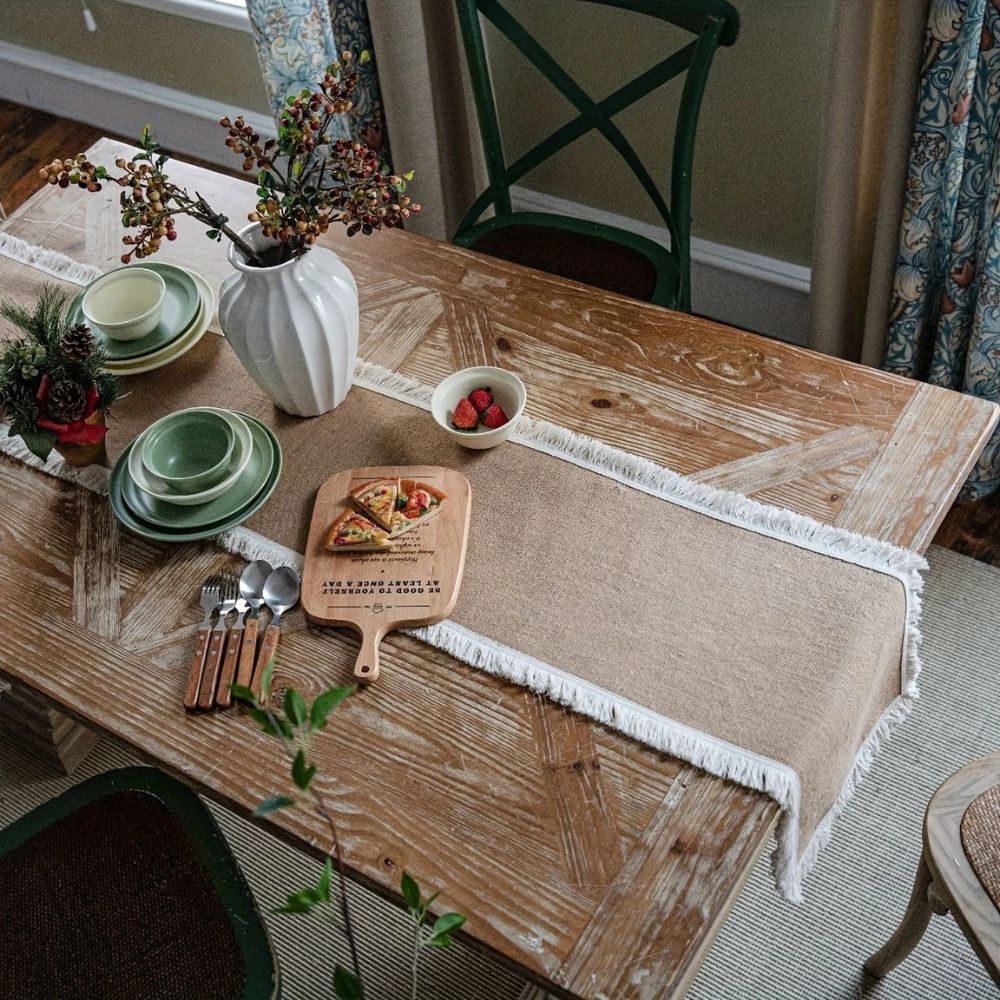Geweven jute tafelloper voor eettafels 30 cm x 180 cm Natuurlijk beige boerderijstijl dressoirkleed middelpunt decor boho keuken rustieke interieurstyling | Thomler