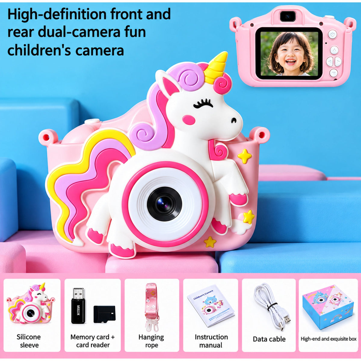 Kinderkamera mit Einhorn-Design, 32 GB Speicher, HD-Video und wiederaufladbarem Akku