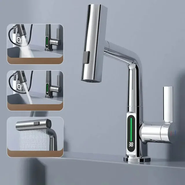 Digital Display Kitchen Tap with Pull-Down Sprayer 15 in Height Swivel Brass Faucet 3-Mode Spray for Sink Temperature Control | Thomler