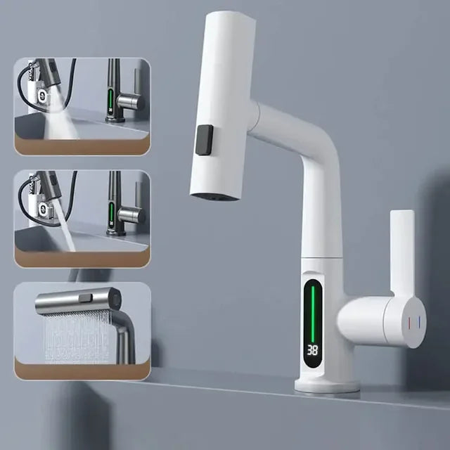 Digital Display Kitchen Tap with Pull-Down Sprayer 15 in Height Swivel Brass Faucet 3-Mode Spray for Sink Temperature Control | Thomler