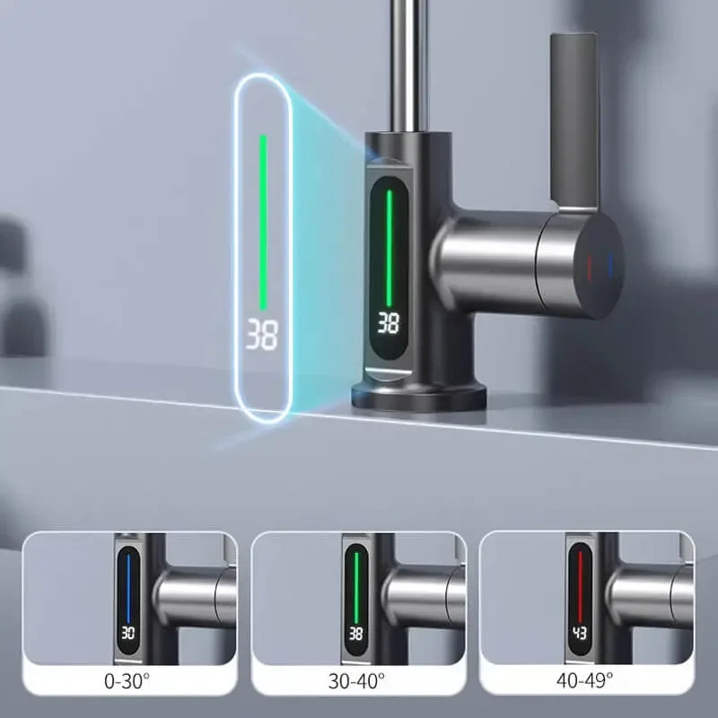 Digital Display Kitchen Tap with Pull-Down Sprayer 15 in Height Swivel Brass Faucet 3-Mode Spray for Sink Temperature Control | Thomler