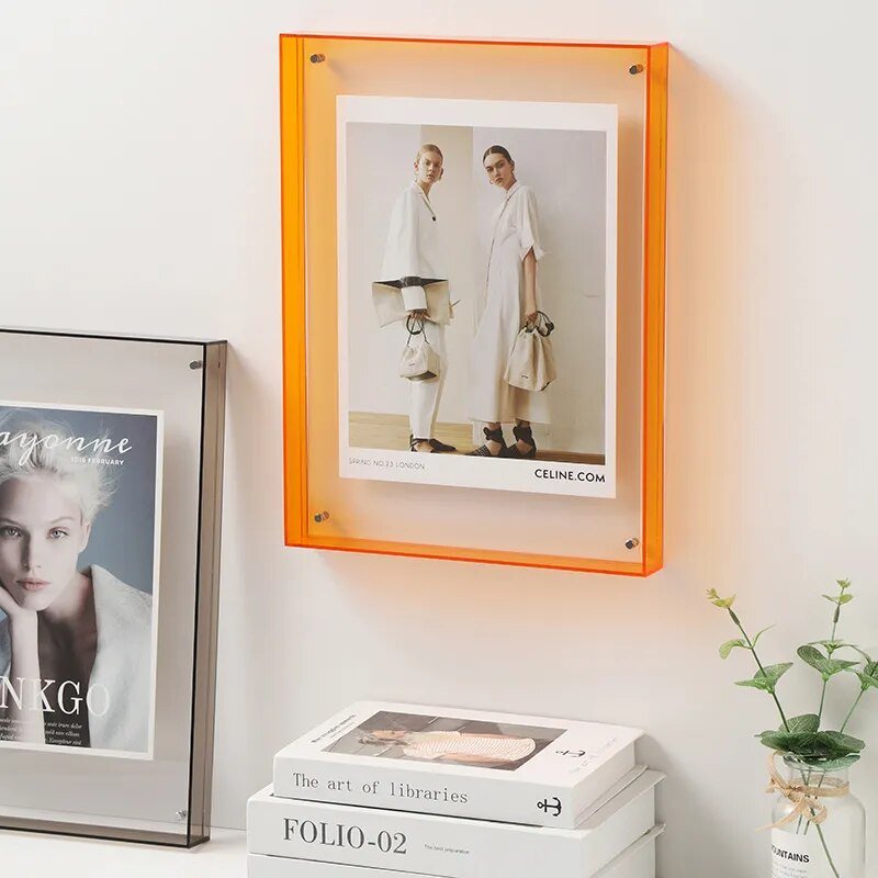 Transparante oranje acrylen fotolijst 10×8 inch wandmontage en tafelstandaard voor foto's, prints, kunst, modern interieur, woonkamer, kantoor | Thomler