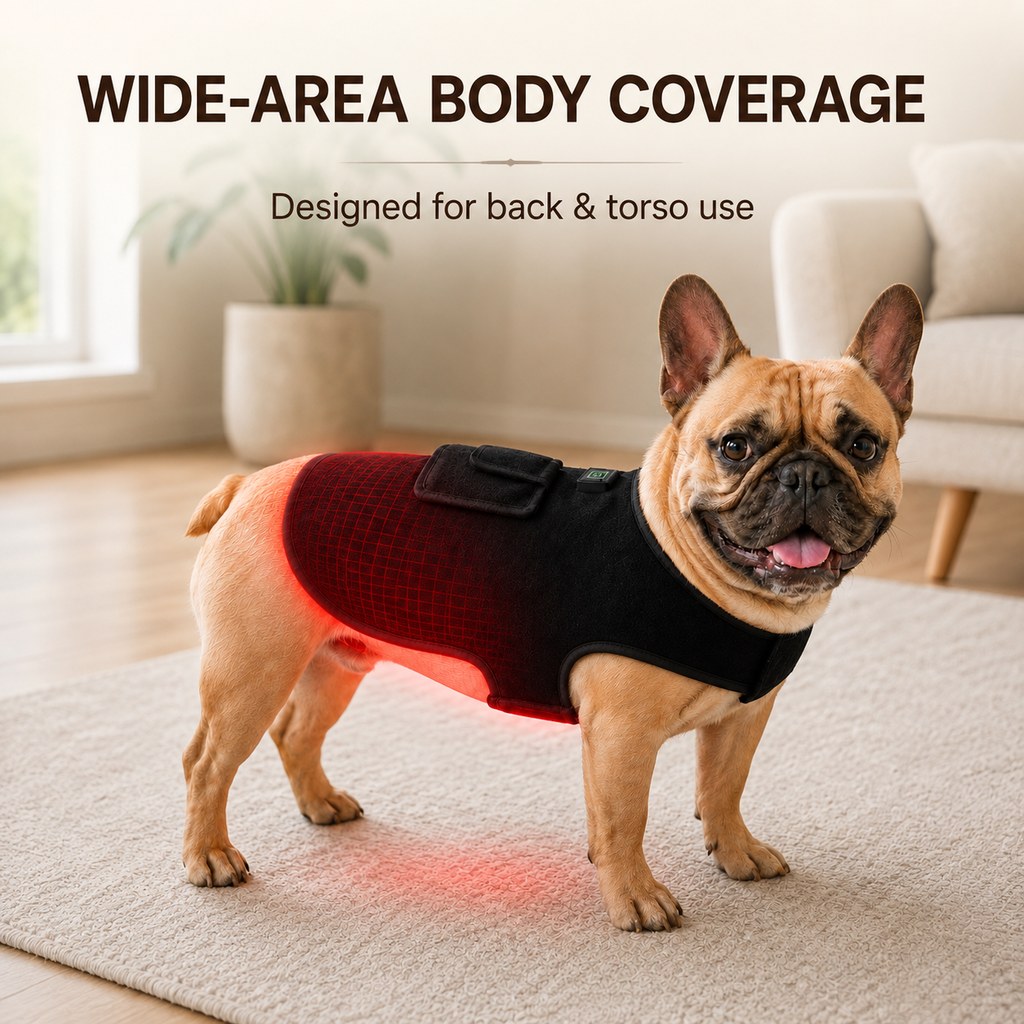 Chaleco de luz roja para mascotas (perros y gatos) – Envoltura de confort con infrarrojo cercano de 660 nm + 850 nm para espalda, cadera y articulaciones – Recargable por USB