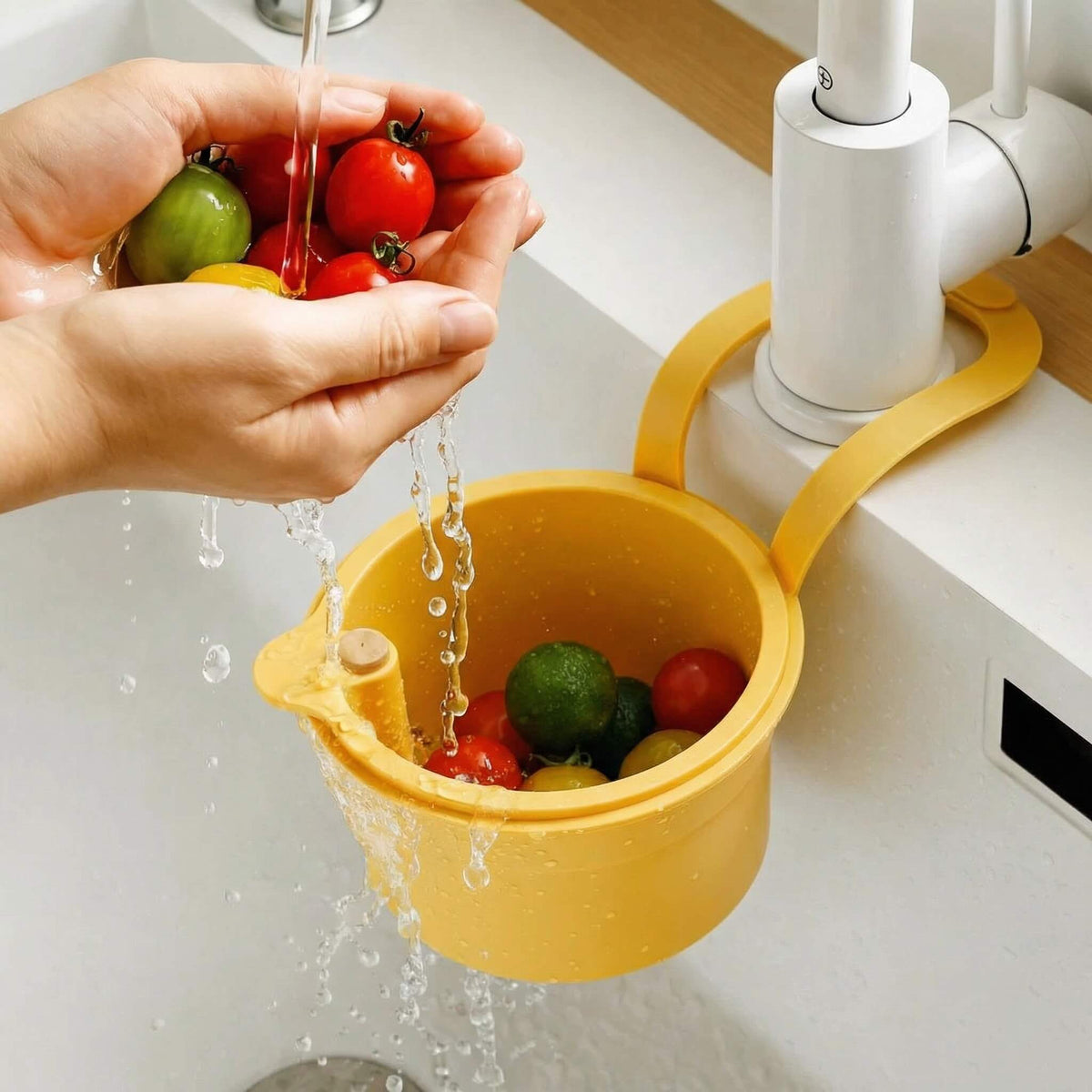 Over-Sink Colander Basket with Dual-Layer Filter for Produce Rinsing and Food Scrap Collection 8×6×5 Inches BPA-Free Kitchen Organizer | Thomler